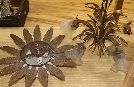 A gilt metal electrolier modelled as reeds and a leaf ceiling light